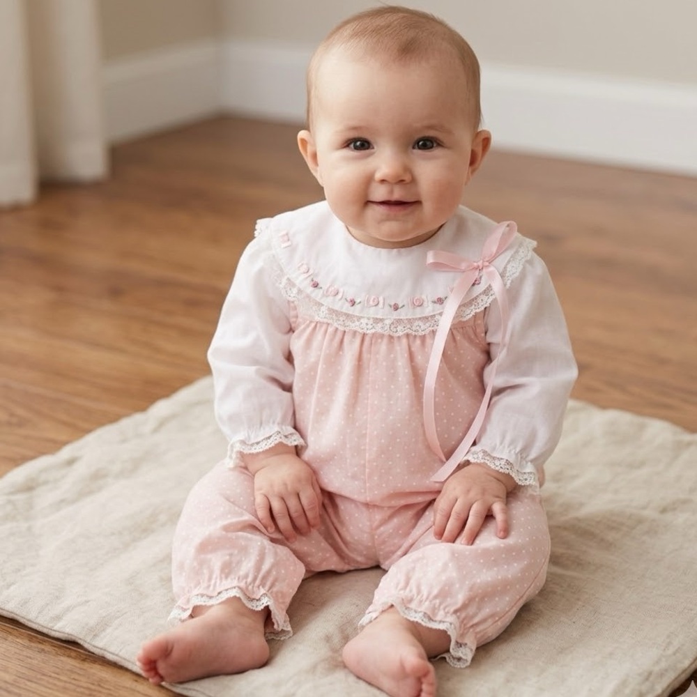 Vintage 1980s Nanette Baby Girl Pink Polka Dot Romper Size Up to 6 Months
